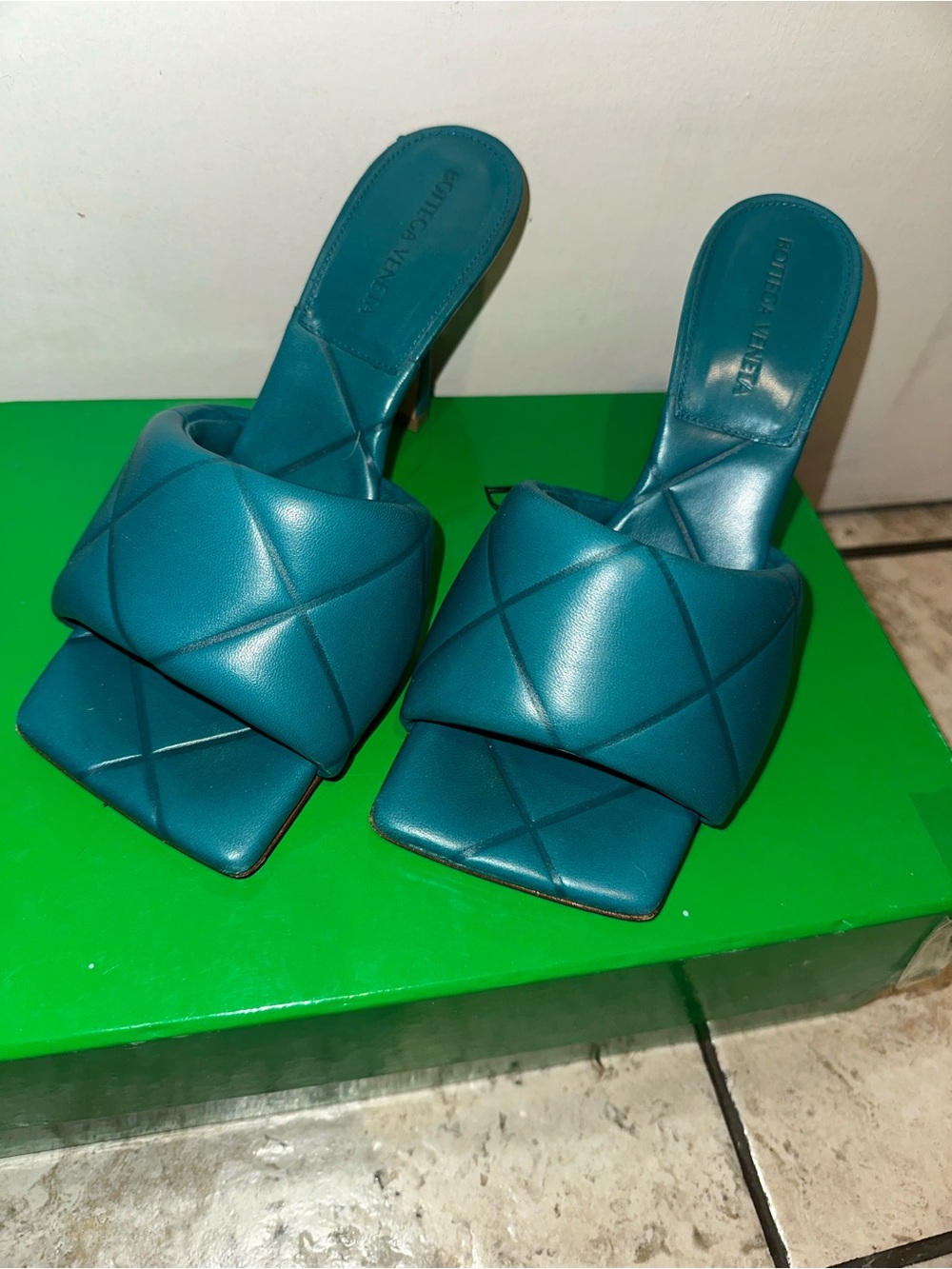 Bottega Veneta Teal Quilted Slide Heels Rubber Sole Sandal